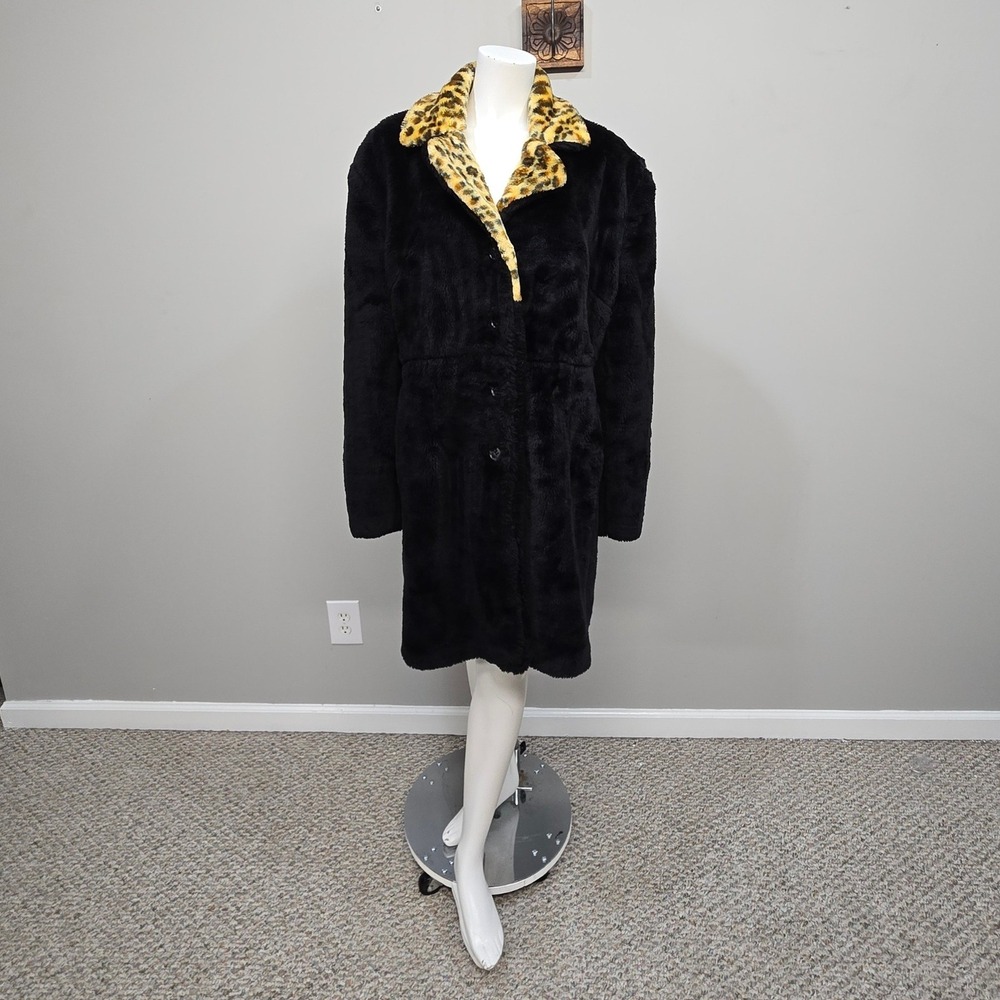 Vintage 90s Faux Fur Coat Women Large Black Leopard Collar Retro Mob Wife Glam
